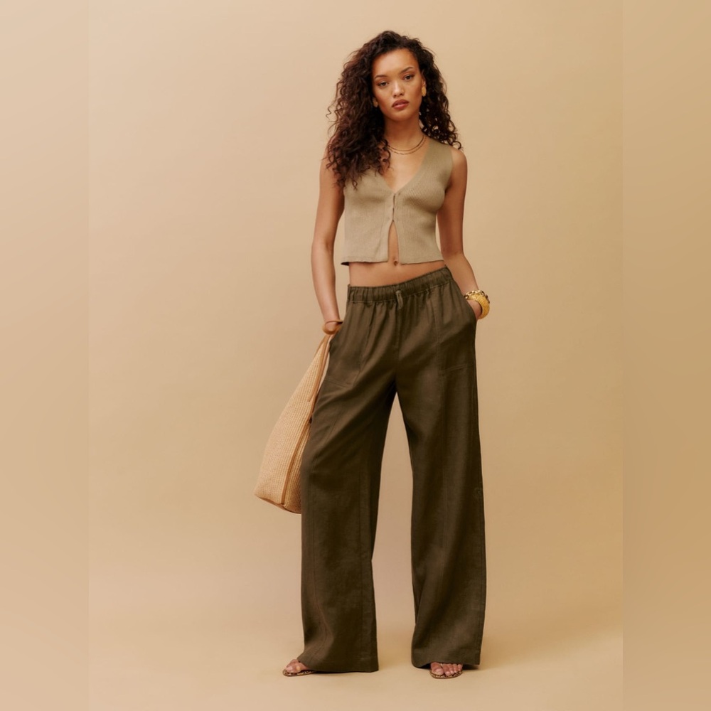 NEW Reformation Declan Linen Pant Size S Dark Olive
